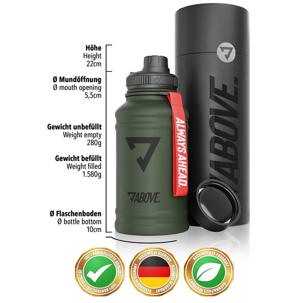 1.3L Edelstahl Trinkflasche - ABOVE.Water Jug Thermosflasche 2 Liter 1 Liter Fitness Sport Outdoor Wandern Wasserflasche